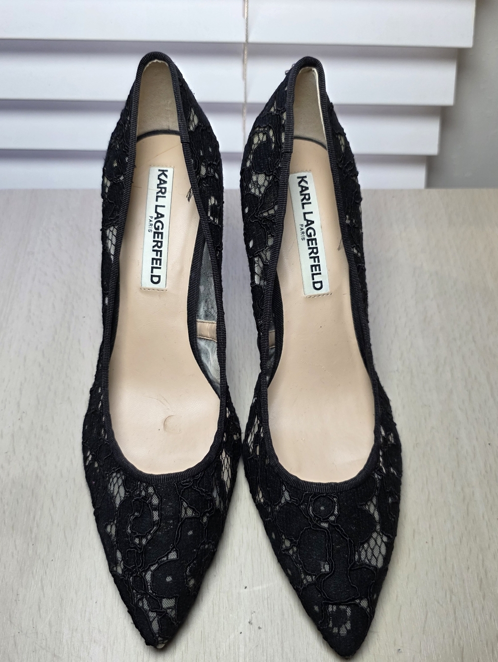 Karl Lagerfeld Black Lace Pointed Pump Floral Overlay Dark Romance Edgy Parisian